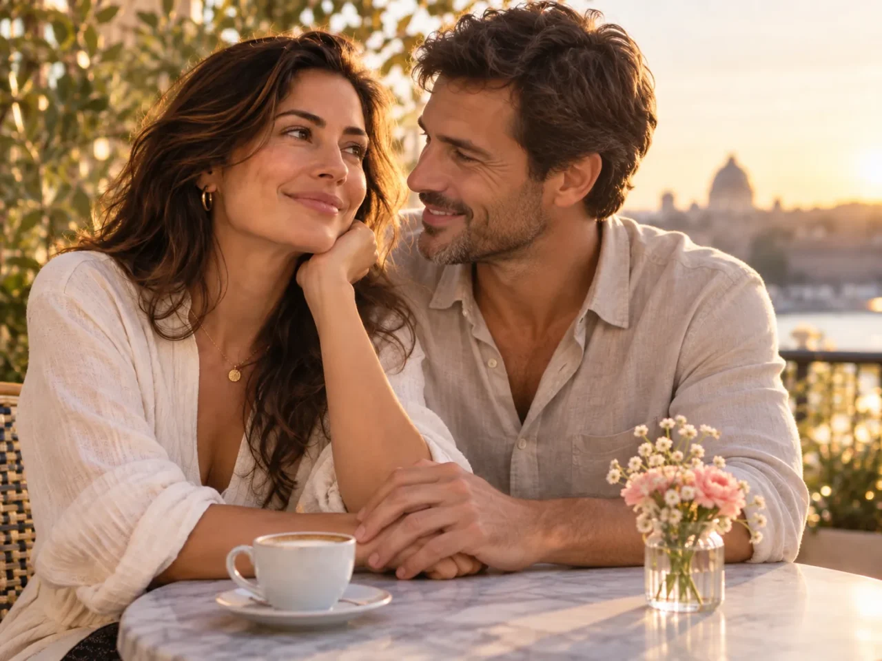 A woman and man sharing a warm romantic moment on a sunlit terrace