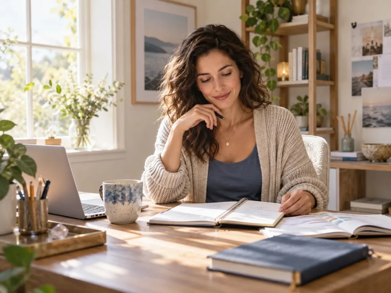 Woman calmly reviewing a notebook at a bright home desk