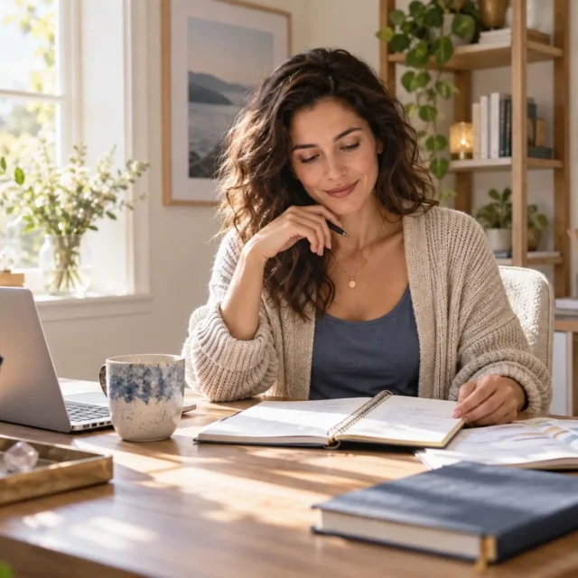 Woman calmly reviewing a notebook at a bright home desk