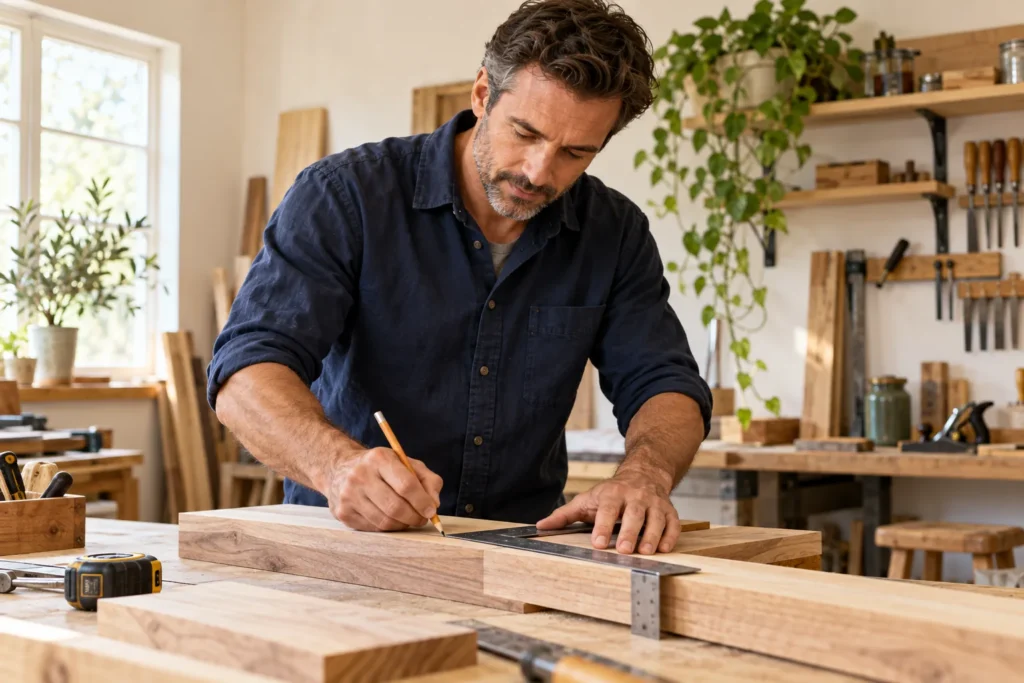 An adult man calmly measuring a woodworking project in a bright workshop.
