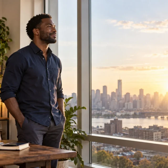 Man looking toward a sunlit city from a workspace window
