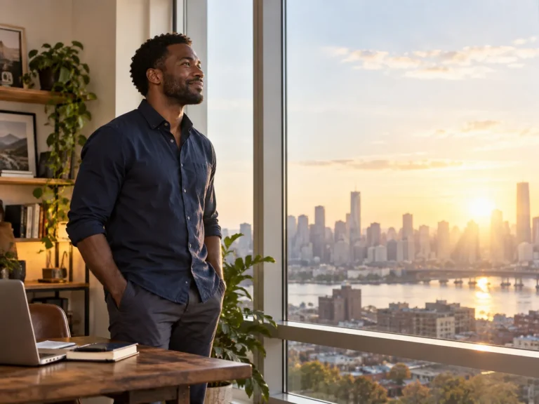 Man looking toward a sunlit city from a workspace window