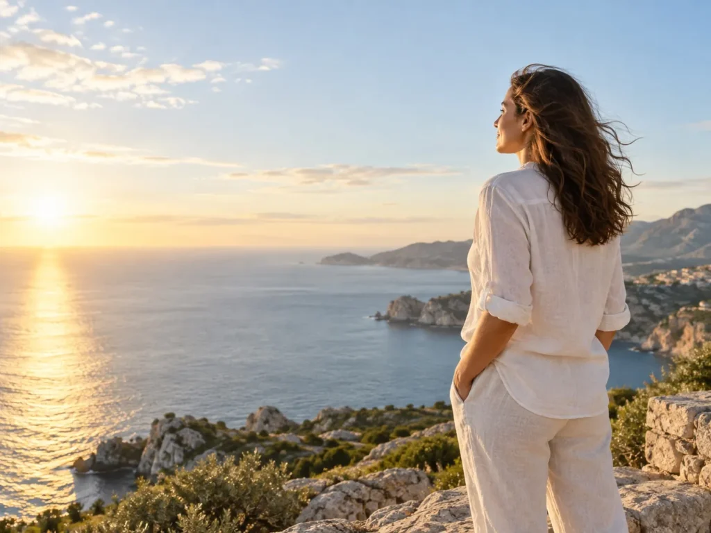Woman looking toward a sunlit coastal horizon